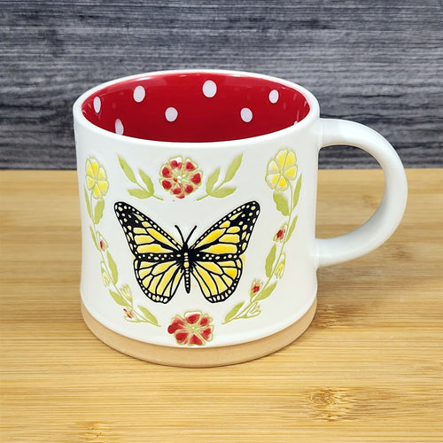 Flower Butterfly Coffee Mug Embossed Red Ceramic Tea Cup Blue Sky 17oz
