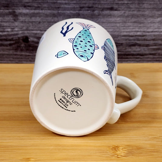 Whimsical Fish Coffee Mug Sea Creatures Ceramic Embossed 18oz Tea Cup Blue Sky