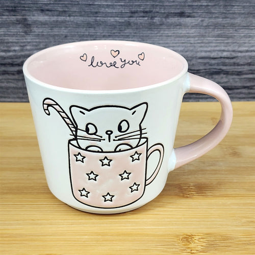 Pink Cat Lover Coffee Mug Embossed Ceramic Tea Cup Blue Sky “Love You