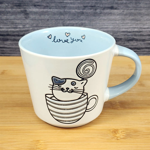 Cat Lover Coffee Mug Embossed Ceramic Tea Cup Blue Sky “Love You