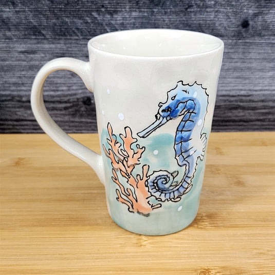 Whimsical Seahorse Coffee Mug Marine Ocean Coral Life Cup Blue Sky Ceramic 18 oz