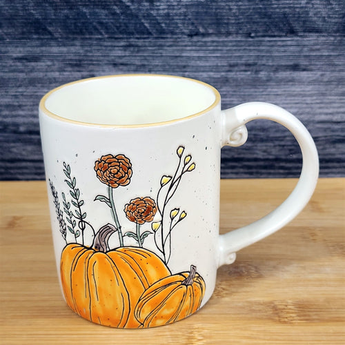 Pumpkin Harvest Autumn Coffee Mug Orange Floral Embossed Tea Cup 16oz Blue Sky