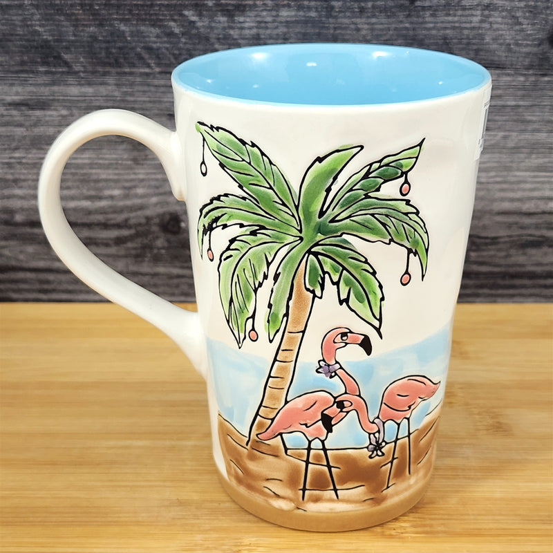 Load image into Gallery viewer, Holiday Flamingo and Palm Tree Coffee Mug Ceramic Beach Tropical Cup Blue Sky

