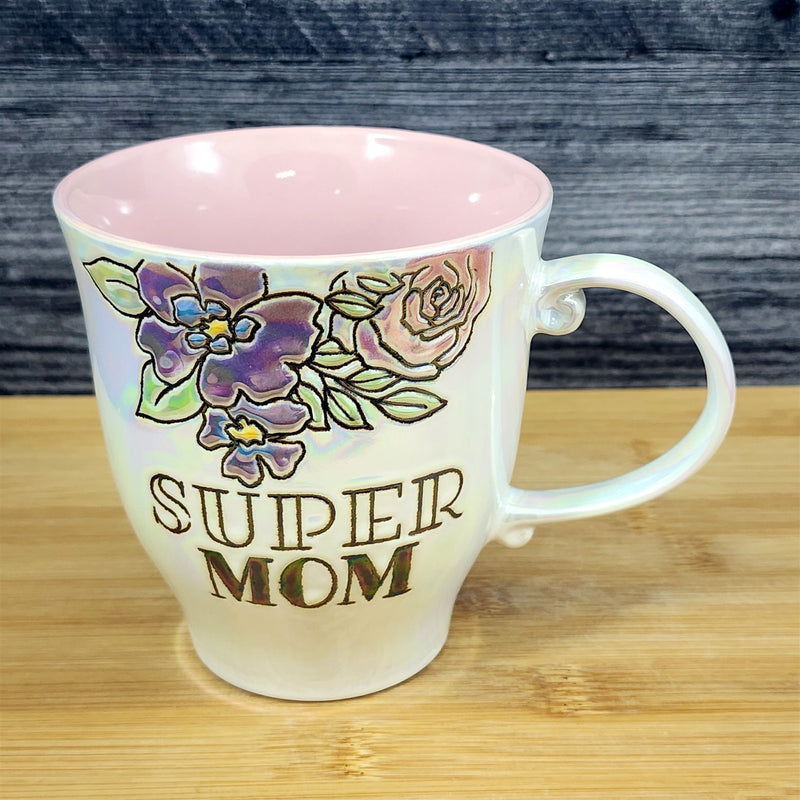 Load image into Gallery viewer, Floral Super Mom Coffee Mug Ceramic Luster White Cup Pink Purple Blue Sky 17oz
