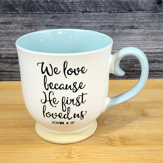 Religious John 4:19 Inspiration Coffee Mug 17oz Embossed Tea Cup Blue Sky