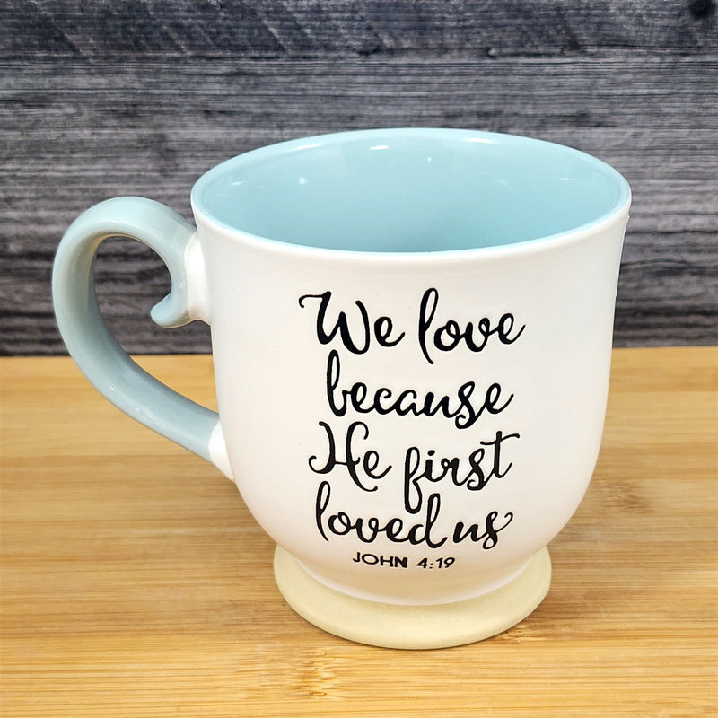 Load image into Gallery viewer, Religious John 4:19 Inspiration Coffee Mug 17oz Embossed Tea Cup Blue Sky

