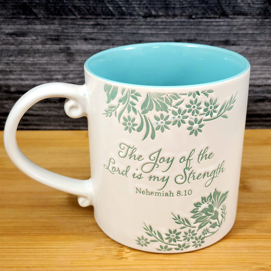 Religious Nehemiah 8:10 Inspiration Coffee Mug 21oz Embossed Tea Cup Blue Sky
