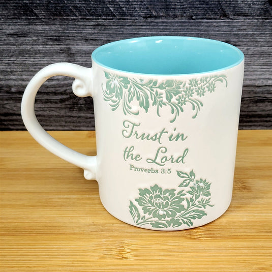 Religious Proverbs 3:5 Inspiration Coffee Mug Embossed Tea Cup by Blue Sky