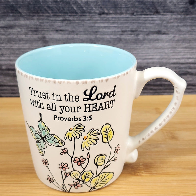 Load image into Gallery viewer, Religious Proverbs 3:5 Inspiration Floral and Butterfly Coffee Mug Cup Blue Sky
