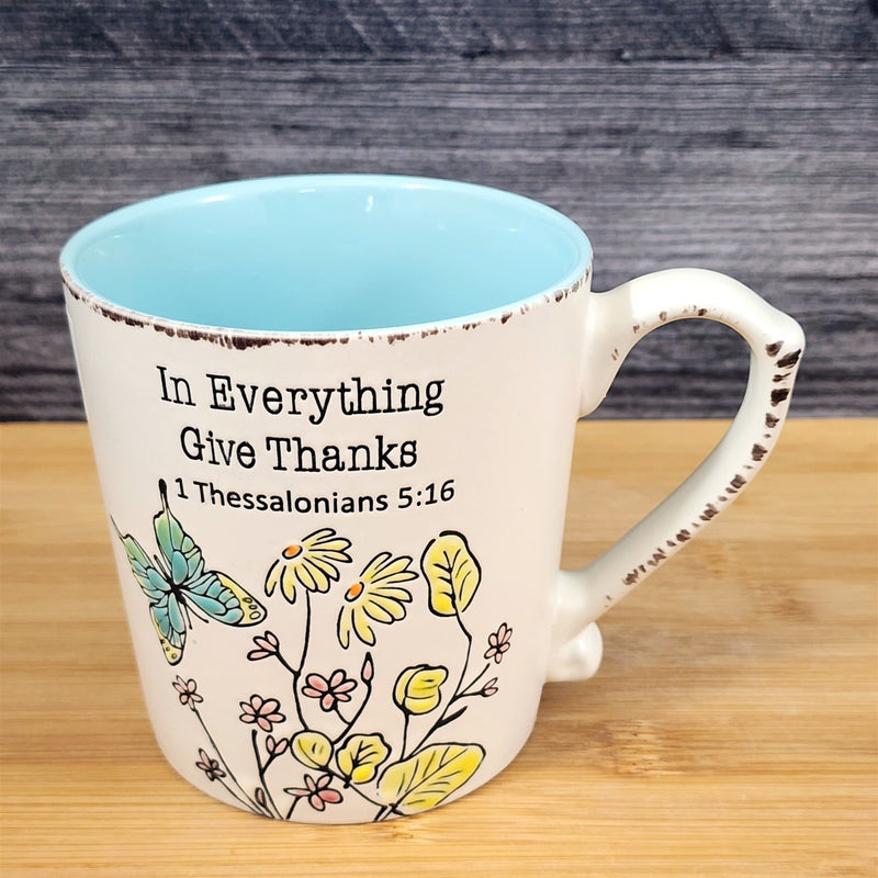 Load image into Gallery viewer, Religious Thessalonians 5:16 Inspiration Coffee Mug Cup Floral Blue Sky

