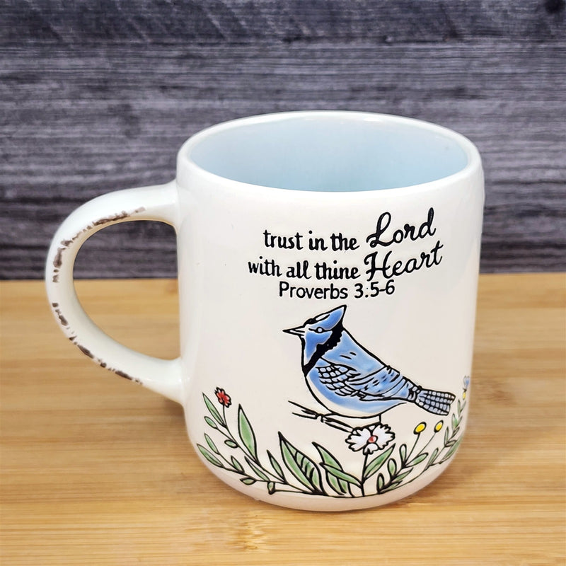 Load image into Gallery viewer, Religious Proverbs 3:5-6 Inspiration Coffee Mug Floral Blue Jay Cup Blue Sky
