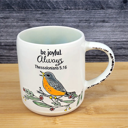 Religious Thessalonians 5:16 Inspiration Coffee Mug Floral Robin Cup Blue Sky