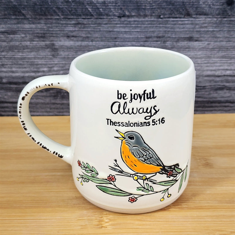 Load image into Gallery viewer, Religious Thessalonians 5:16 Inspiration Coffee Mug Floral Robin Cup Blue Sky
