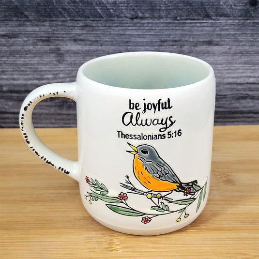 Religious Thessalonians 5:16 Inspiration Coffee Mug Floral Robin Cup Blue Sky