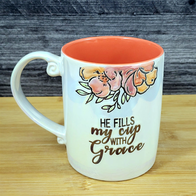 Load image into Gallery viewer, Faith &amp; Flowers Coffee Mug Cup &quot;He Fills My Cup W/Grace&quot; Luster Glaze Blue Sky
