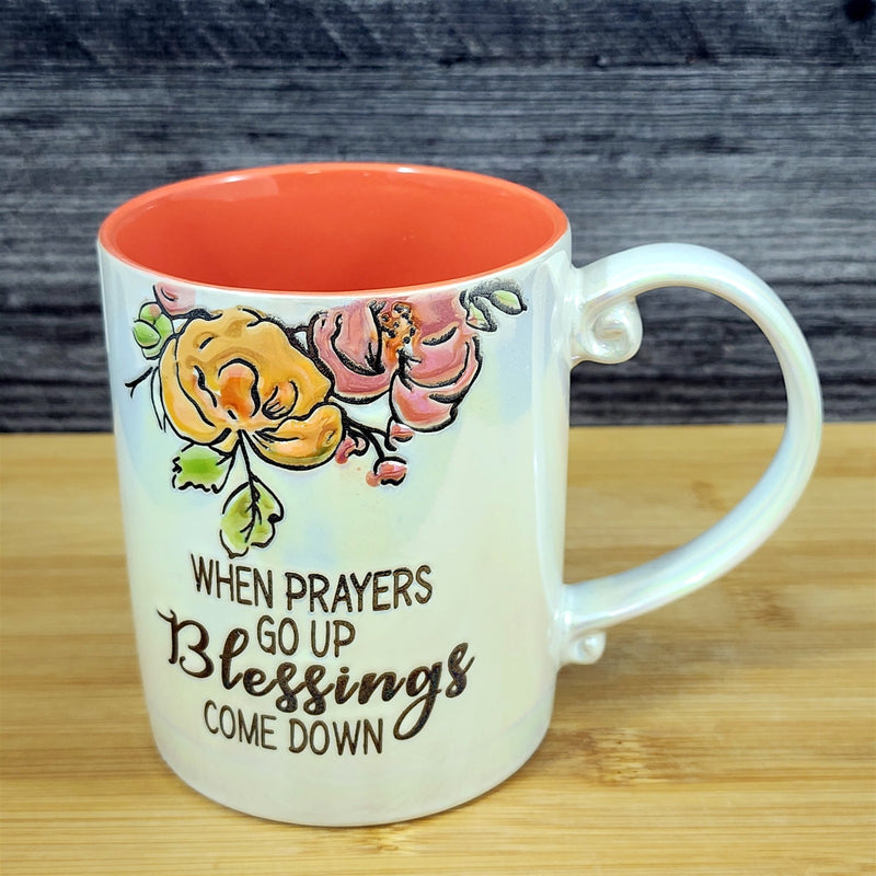 Load image into Gallery viewer, Faith &amp; Flowers Coffee Mug Cup "Prayers Go Up Blessing Come Down" Blue Sky

