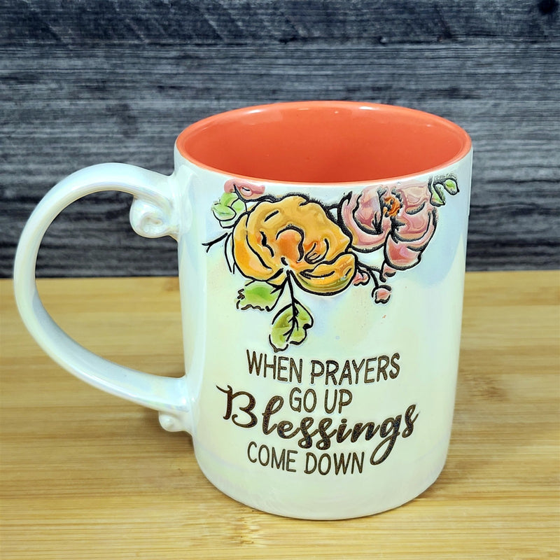 Load image into Gallery viewer, Faith &amp; Flowers Coffee Mug Cup "Prayers Go Up Blessing Come Down" Blue Sky
