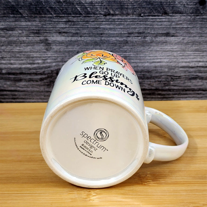 Load image into Gallery viewer, Faith &amp; Flowers Coffee Mug Cup "Prayers Go Up Blessing Come Down" Blue Sky
