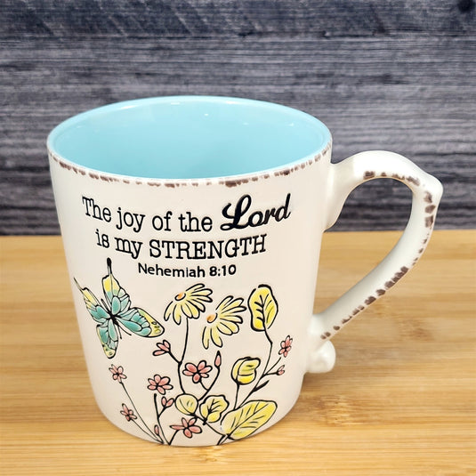 Religious Nehemiah 8:10 Inspiration Saying Coffee Mug Tea Cup Floral Blue Sky