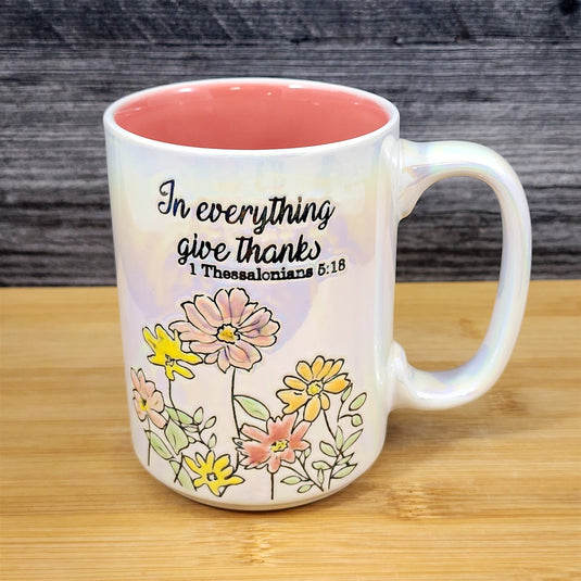 Religious Thessalonians 5:16 Inspiration Saying Coffee Mug Floral Cup Blue Sky