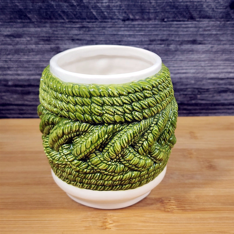 Load image into Gallery viewer, Green Knit Design with Button Mug and Cherry Handle Tea Cup Ceramic by Blue Sky
