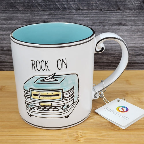 Music Theme Mug Rock On Vintage Retro Radio Art Ceramic Tea Cup 21oz Blue Sky