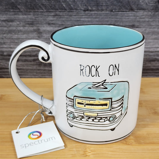 Music Theme Mug Rock On Vintage Retro Radio Art Ceramic Tea Cup 21oz Blue Sky