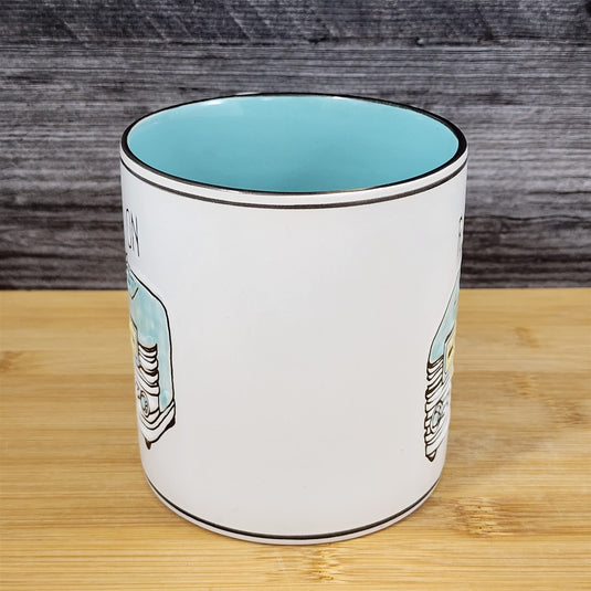 Music Theme Mug Rock On Vintage Retro Radio Art Ceramic Tea Cup 21oz Blue Sky