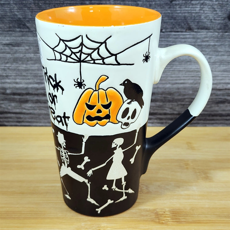 Load image into Gallery viewer, Halloween Mug Trick Treat Pumpkin Spider Skeleton Spooky Cup Ceramic Blue Sky
