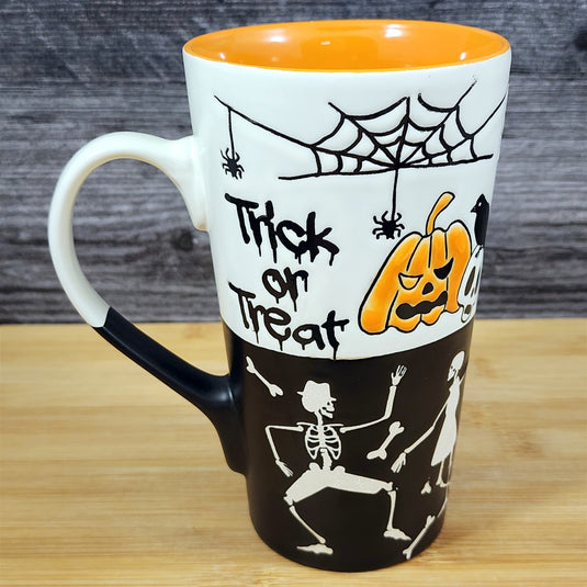 Halloween Mug Trick Treat Pumpkin Spider Skeleton Spooky Cup Ceramic Blue Sky