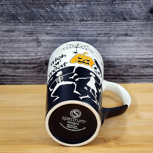 Halloween Mug Trick Treat Pumpkin Spider Skeleton Spooky Cup Ceramic Blue Sky