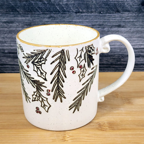 Winter Holly Coffee Mug Christmas Holiday Ceramic Tea Cup Blue Sky 16oz Embossed