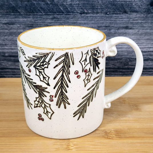 Winter Holly Coffee Mug Christmas Holiday Ceramic Tea Cup Blue Sky 16oz Embossed
