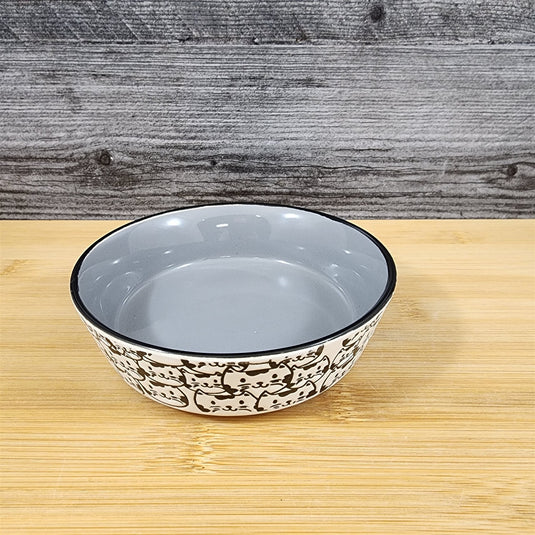 Cat Water Food Bowl Faces Embossed Treat Dish White with Gray Inside Blue Sky