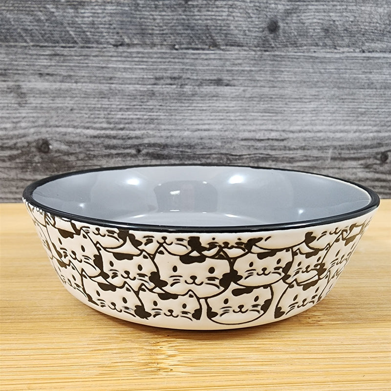 Load image into Gallery viewer, Cat Water Food Bowl Faces Embossed Treat Dish White with Gray Inside Blue Sky
