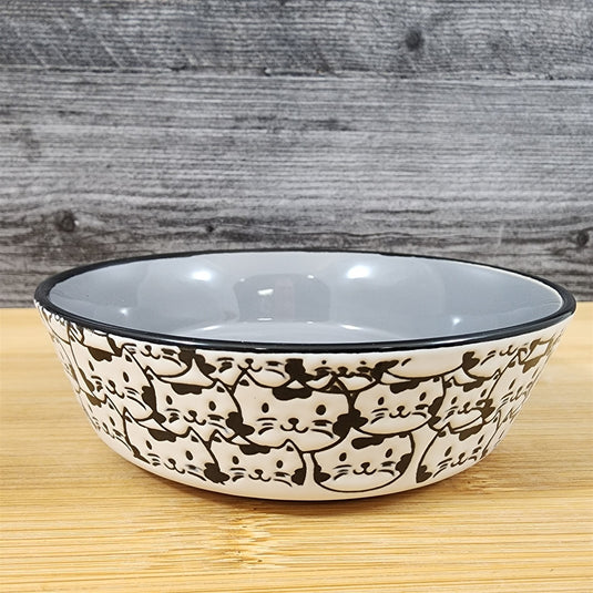 Cat Water Food Bowl Faces Embossed Treat Dish White with Gray Inside Blue Sky