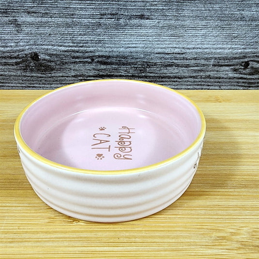 Happy Cat Water Food Bowl Set Embossed Treat Dish in Pink By Blue Sky