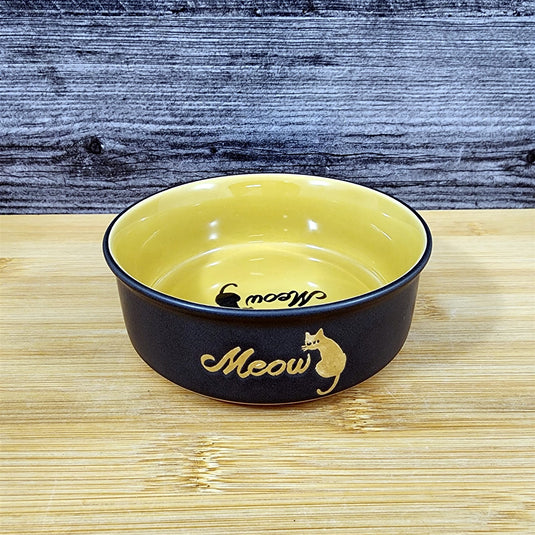 Cat Water Food Bowl Set Embossed Treat Dish in Black Yellow By Blue Sky