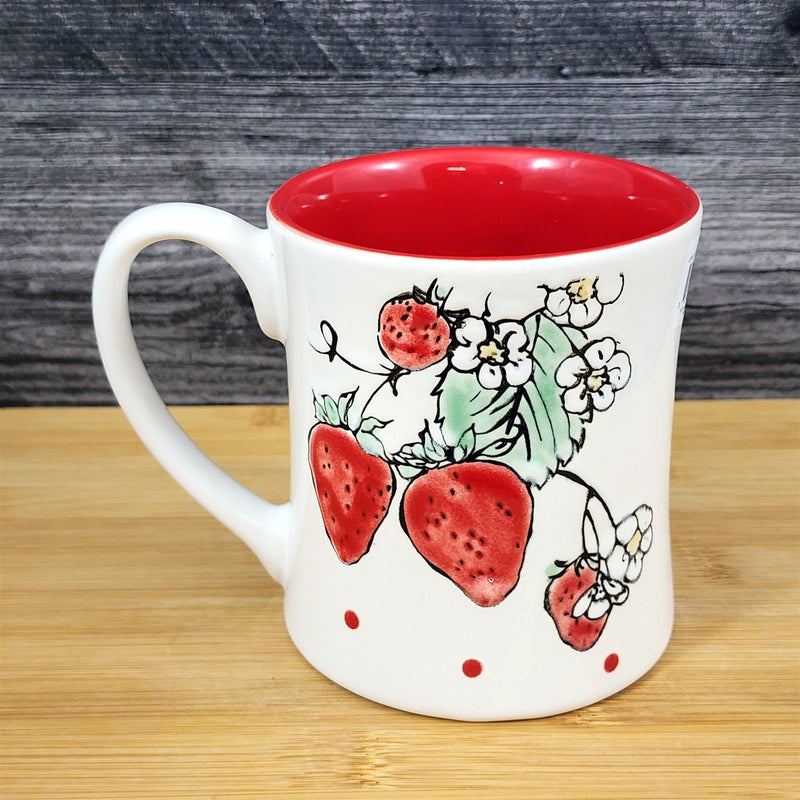 Load image into Gallery viewer, Strawberry Coffee Mug Ceramic Fruit Art 18oz Tea Cup Embossed Botanical Blue Sky
