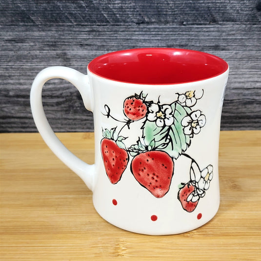 Strawberry Coffee Mug Ceramic Fruit Art 18oz Tea Cup Embossed Botanical Blue Sky