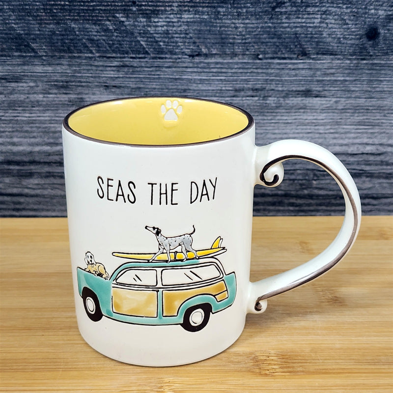 Load image into Gallery viewer, Beach Bum Dogs Coffee Mug Yellow Ceramic Embossed Cup Retro Van Surfing Blue Sky
