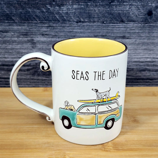 Beach Bum Dogs Coffee Mug Yellow Ceramic Embossed Cup Retro Van Surfing Blue Sky