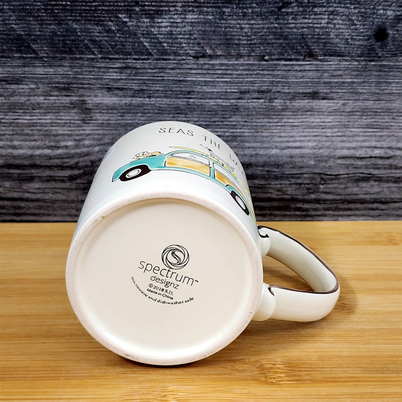 Load image into Gallery viewer, Beach Bum Dogs Coffee Mug Yellow Ceramic Embossed Cup Retro Van Surfing Blue Sky
