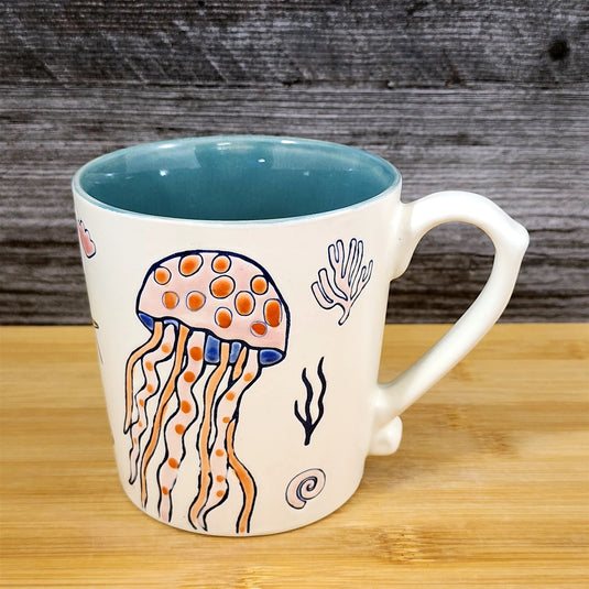 Whimsical Jelly Fish Coffee Mug Sea Creatures Ceramic Embossed Tea Cup Blue Sky