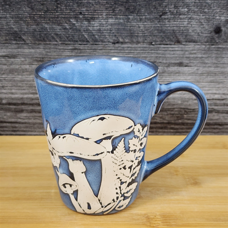 Load image into Gallery viewer, Toadstool Mushroom Coffee Mug Ceramic Tea Cup Embossed Botanical Blue Sky 17oz
