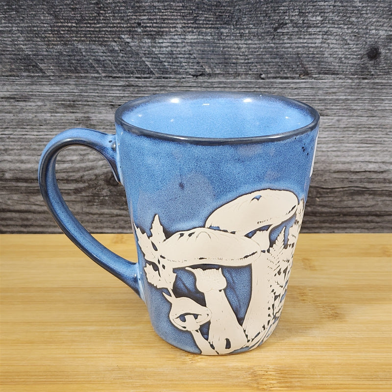 Load image into Gallery viewer, Toadstool Mushroom Coffee Mug Ceramic Tea Cup Embossed Botanical Blue Sky 17oz
