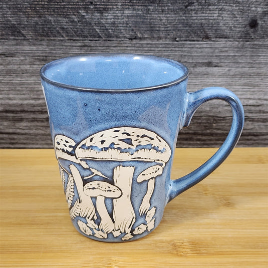 Mushroom Mug Ceramic Tea Coffee Cup Toadstool Botanical Blue Sky 17oz Embossed