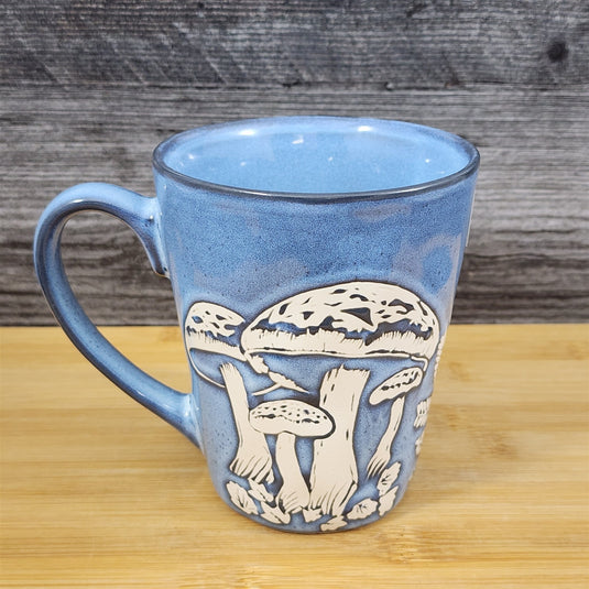 Mushroom Mug Ceramic Tea Coffee Cup Toadstool Botanical Blue Sky 17oz Embossed