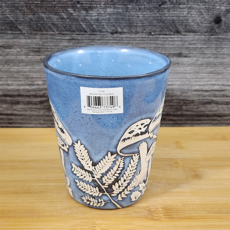 Load image into Gallery viewer, Mushroom Mug Ceramic Tea Coffee Cup Toadstool Botanical Blue Sky 17oz Embossed
