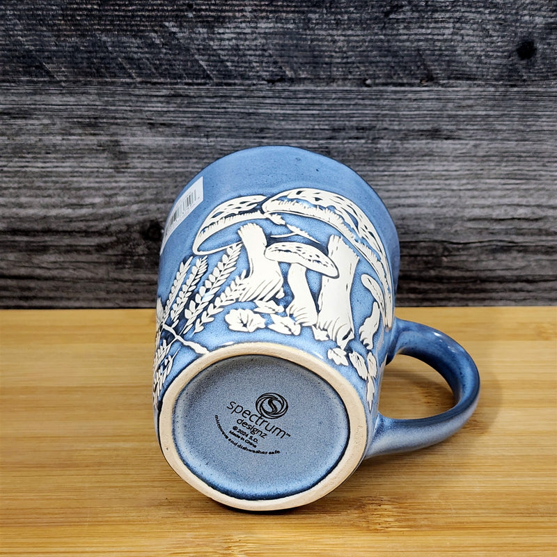 Load image into Gallery viewer, Mushroom Mug Ceramic Tea Coffee Cup Toadstool Botanical Blue Sky 17oz Embossed
